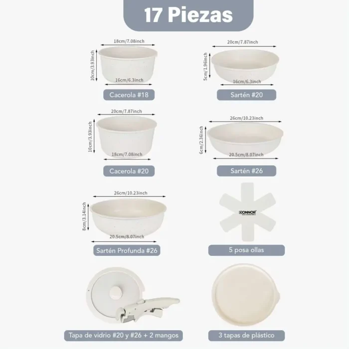 Jgo Ollas Antiadherente Blanco x17 Pzas m/Extraible - Imagen 3