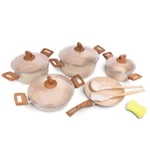 Juego de Ollas de Aluminio Color Café con Tapas de Cristal x12 Piezas