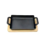 Fuente rectangular de Hierro fundido con asas y base de madera (24x16.5x3.3 cm)