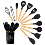 Jgo Utensilios Negro de Silicona para Cocina 12 Pz Mango Madera - Imagen 2