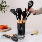 Jgo Utensilios Negro de Silicona para Cocina 12 Pz Mango Madera - Imagen 3