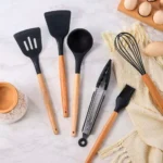 Jgo Utensilios Negro de Silicona para Cocina 12 Pz Mango Madera - Imagen 4