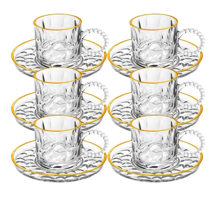 90294035-1 Set de Tazas con plato de vidrio Café Ondas borde Dorado 200 ml x6 piezas - Imagen 1