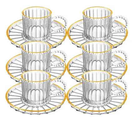 Set de Tazas con plato de vidrio Café Líneas borde Dorado 200 ml x6 piezas