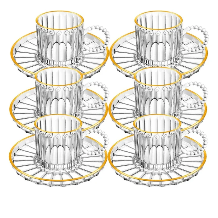 90294037-1 Set de Tazas con plato de vidrio Café Líneas borde Dorado 200 ml x6 piezas - Imagen 1