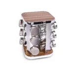 Set de Condimenteros con Tapa de Acero Inoxidable y Base de Madera 12 Piezas