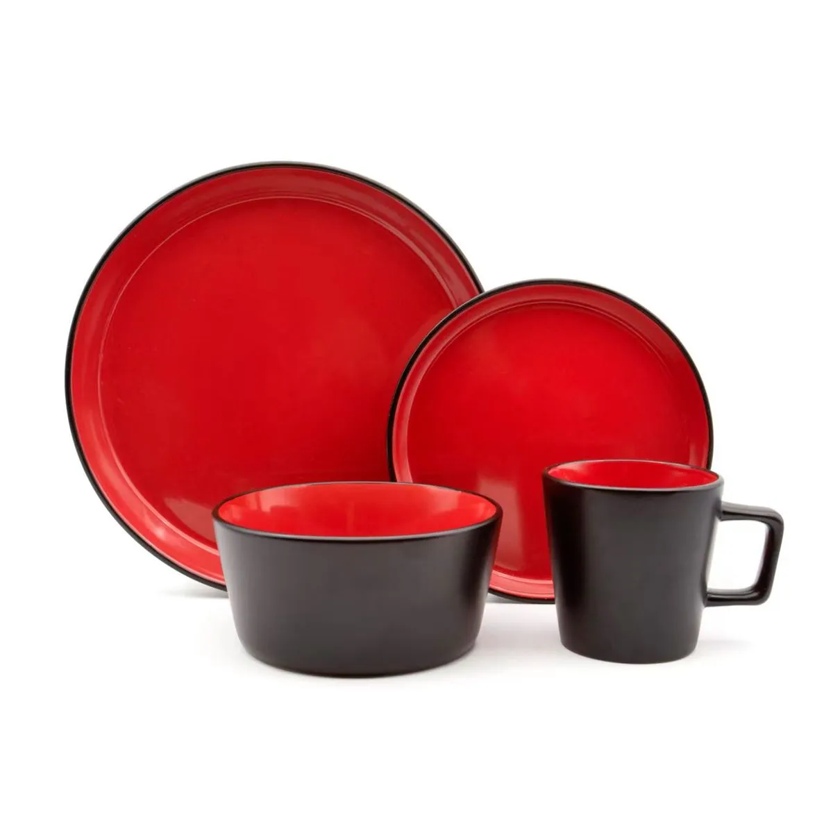185048-1200-auto Juego de Vajilla Negro Interior Rojo de Loza 16 Piezas - Imagen 1