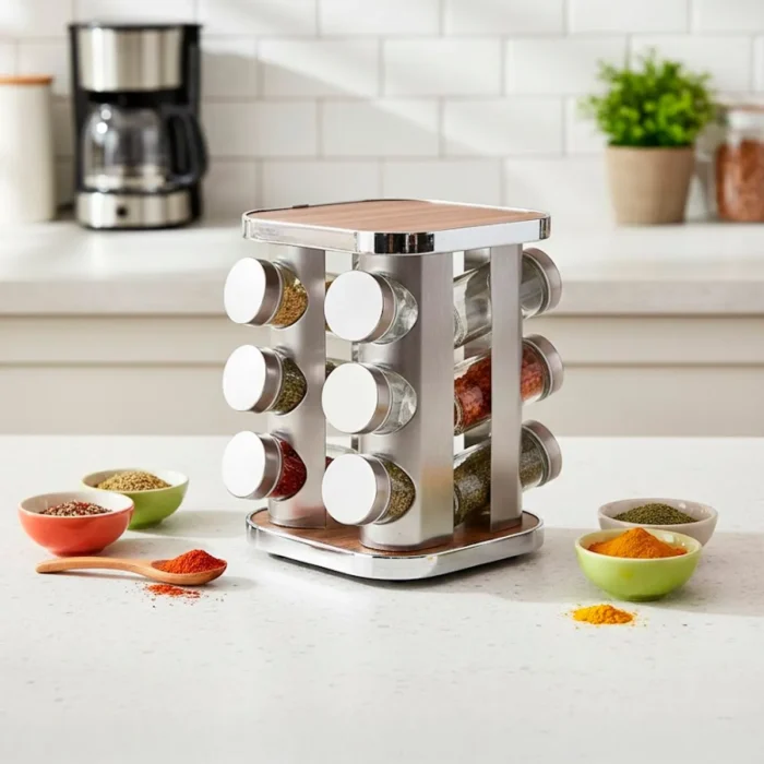 Set de Condimenteros con Tapa de Acero Inoxidable y Base de Madera 12 Piezas - Imagen 2