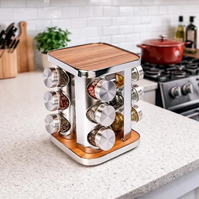 Set de Condimenteros con Tapa de Acero y Base de Madera 12 Piezas - Imagen 2