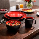 Juego de Vajilla Negro Interior Rojo de Loza 16 Piezas - Imagen 2