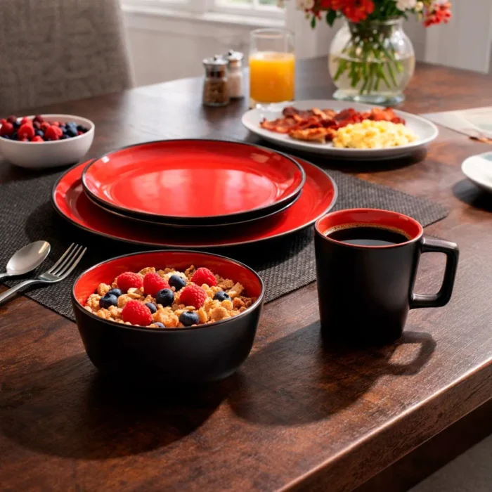 Juego de Vajilla Negro Interior Rojo de Loza 16 Piezas - Imagen 2