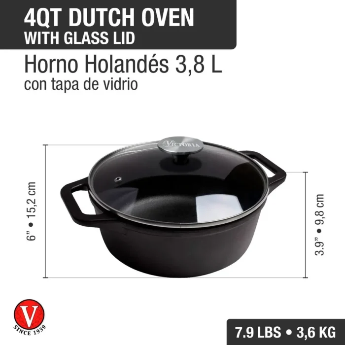 Olla Horno Holandes de Hierro Fundido Esmaltado con Tapa de Vidrio 3.8 L | 4 QT - Imagen 3