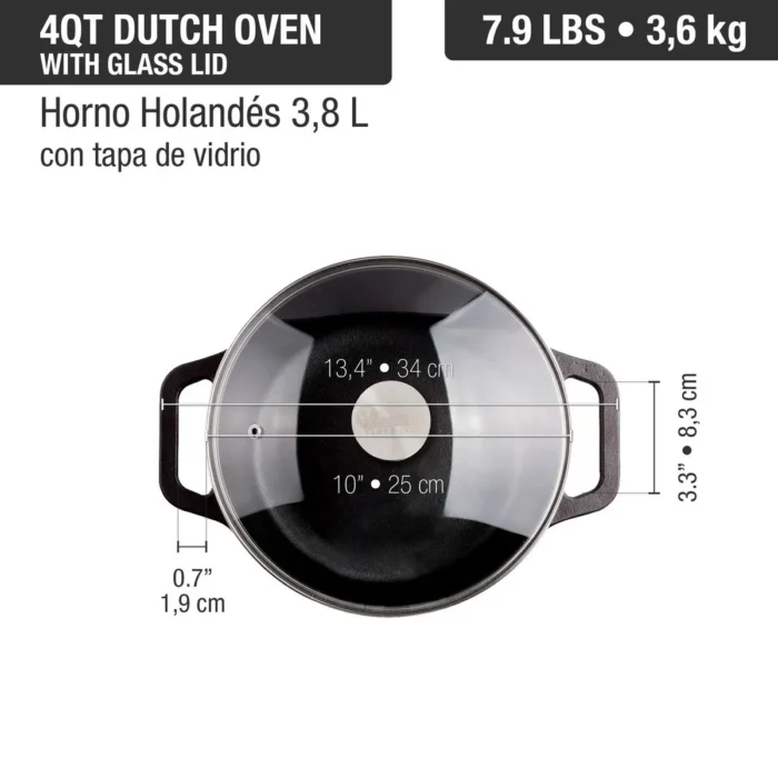 Olla Horno Holandes de Hierro Fundido Esmaltado con Tapa de Vidrio 3.8 L | 4 QT - Imagen 4