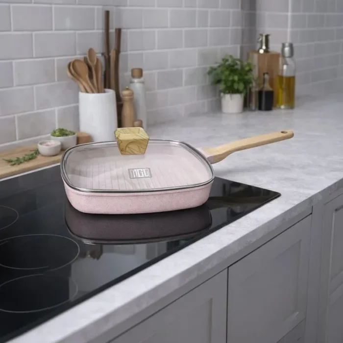 Sartén Gril Granito Cuadrada con Tapa de Vidrio Rosado 28 cm - Imagen 2